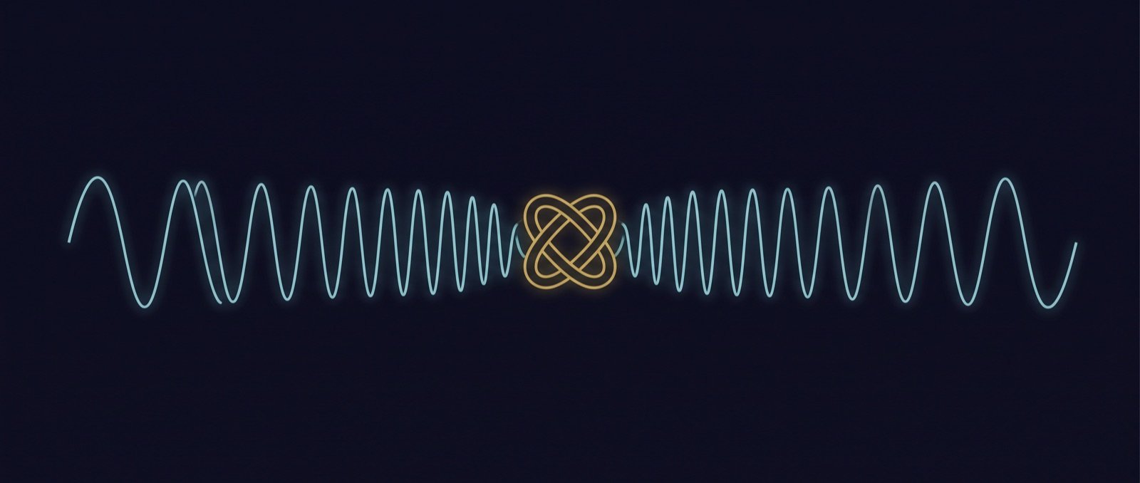 A cyan sine wave tightening from left to right until it coils into a dense golden standing knot at the centre