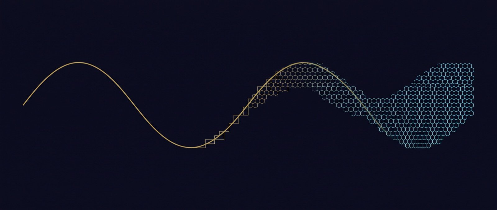A smooth golden curve resolving from left to right into a fine cyan lattice (illustrative; the framework's working choice is a random grid)