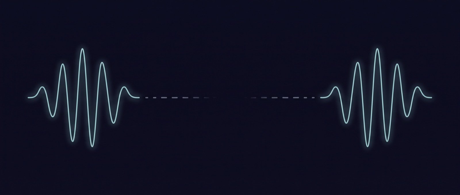 Two widely separated cyan wave packets oscillating in matching phase, with a dashed grey line between them that fades out entirely at the centre