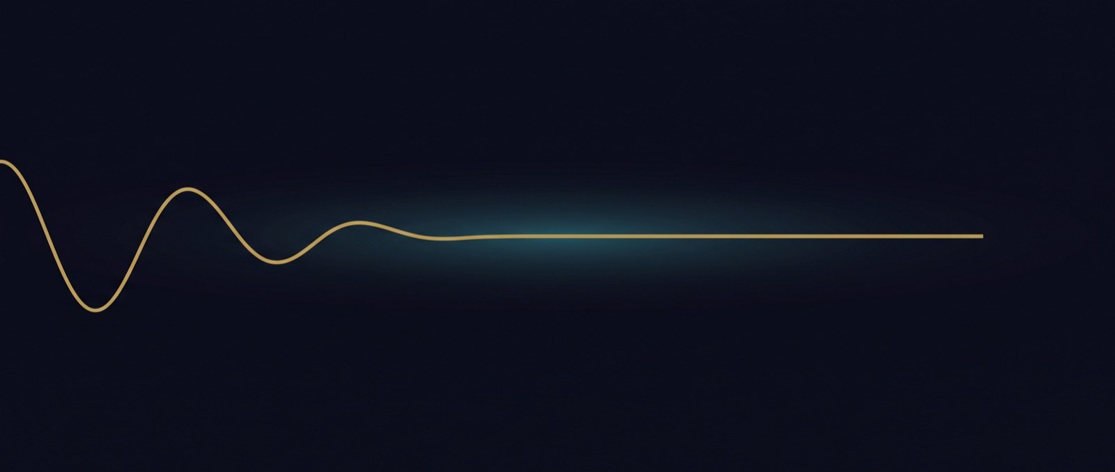 A quiet gold wave diminishing from the left into one long calm straight line that continues and simply stops, over a faint cyan horizon glow
